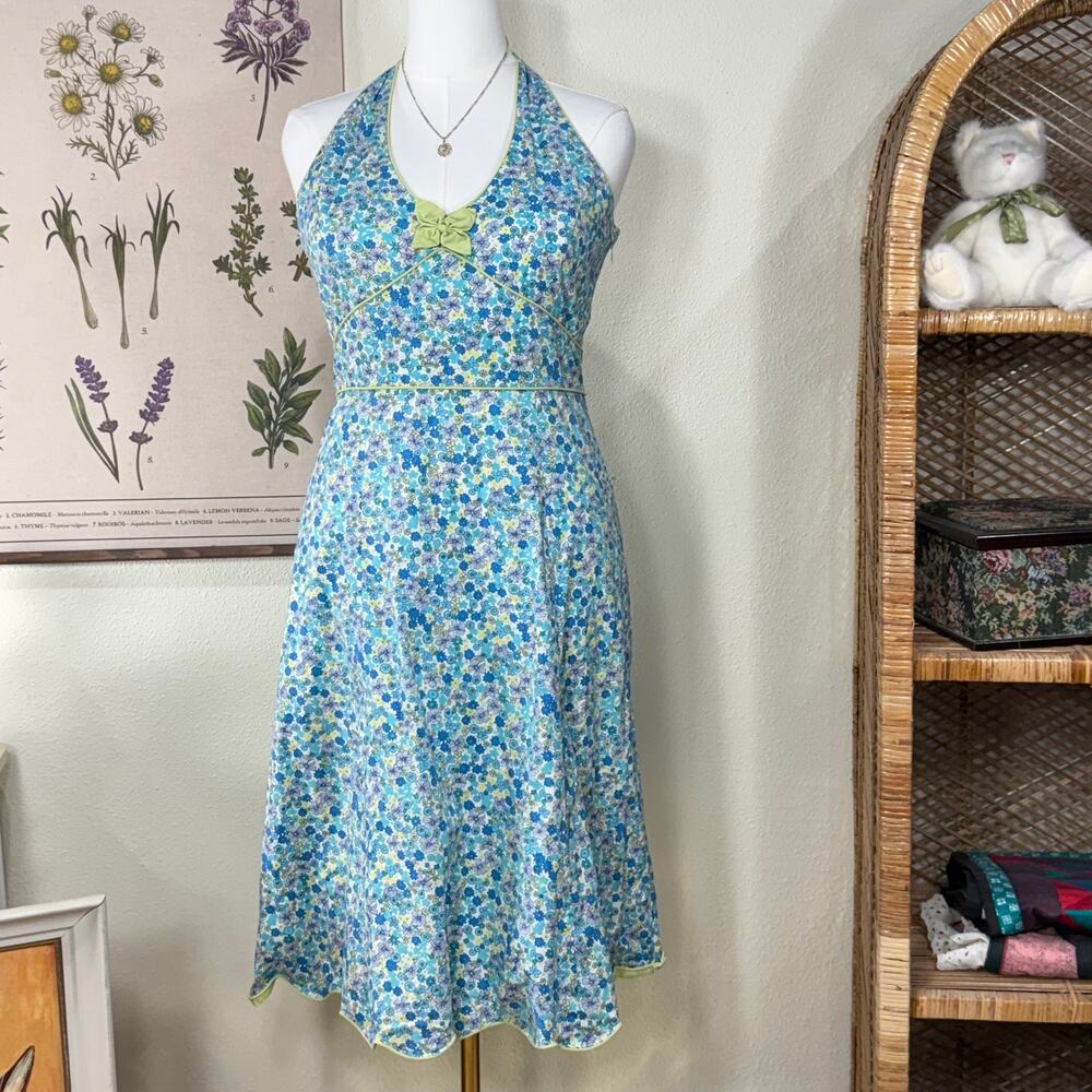 Vintage 90s Y2k Blue Floral Babydoll Halter Dress Retro Mod Whimsy Twee L - Picture 1 of 6